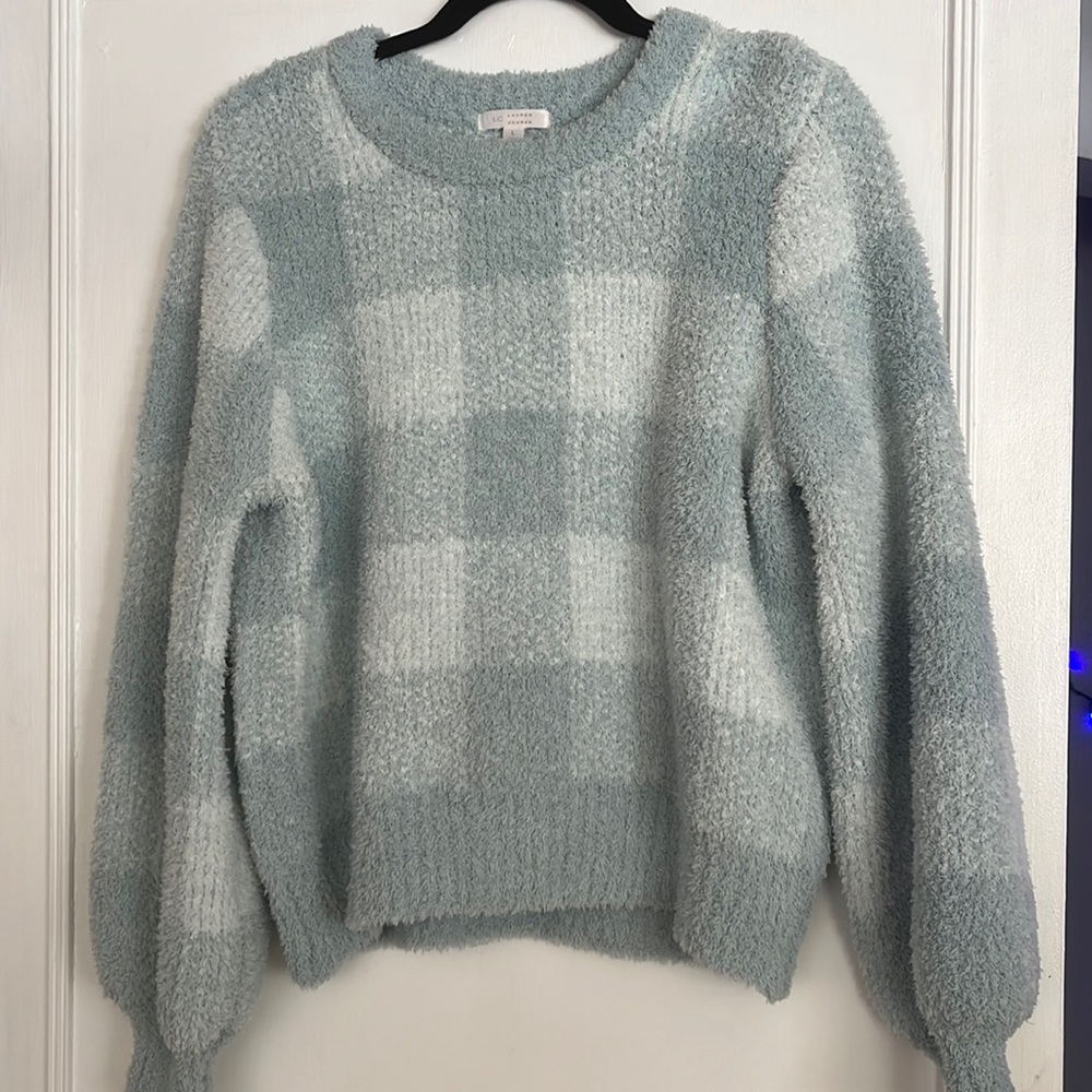 Blue fuzzy plaid sweater